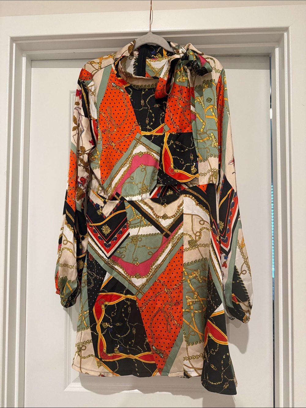 Boohoo Black and Orange Chain-Print Dress